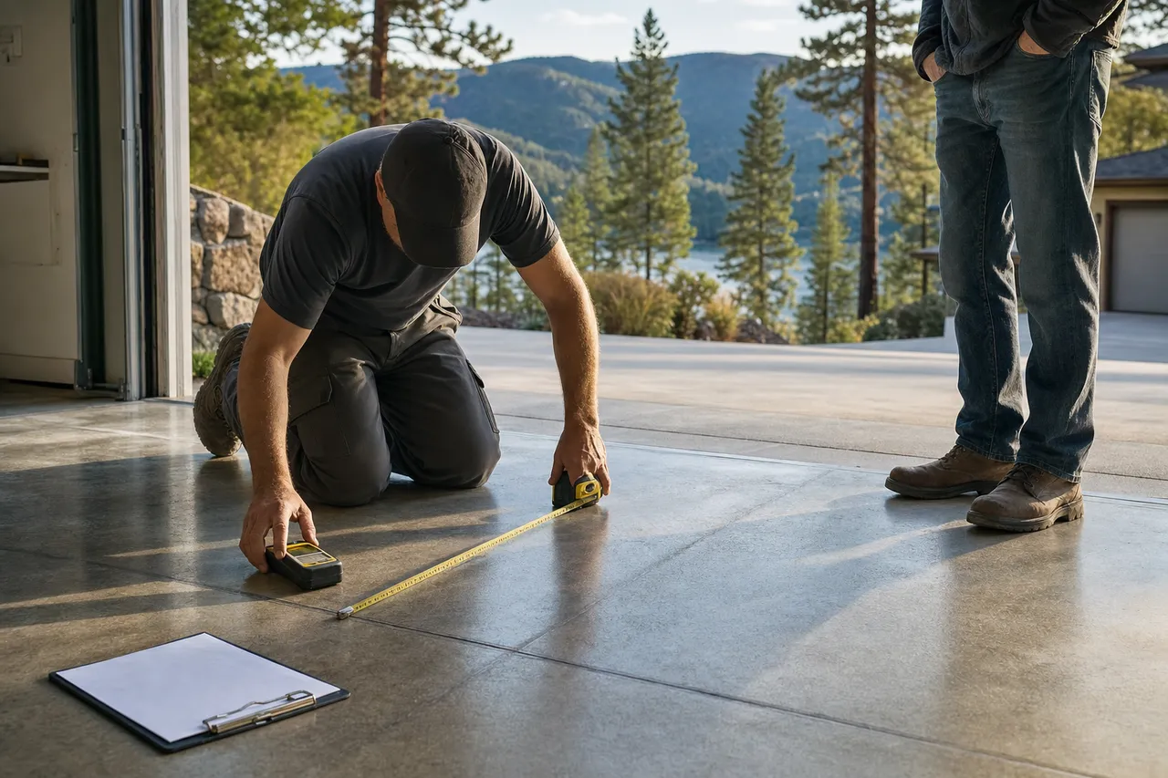 Installer kneeling on a bare garage slab with a moisture meter and a tape measure stretched across a control joint, homeowner standing by