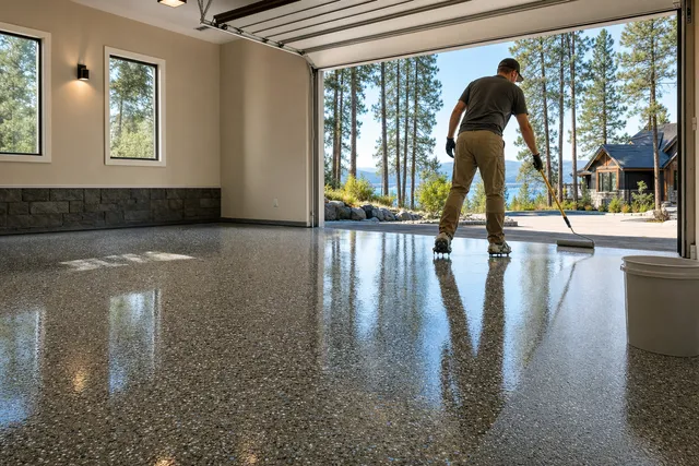Installer in spiked shoes back-rolling a glossy clear coat over fresh color flake in a Coeur d'Alene garage
