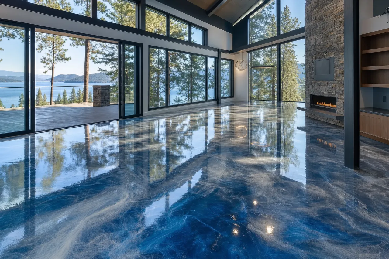 Swirling blue and silver metallic epoxy floor in a lake-view great room, floor-to-ceiling windows looking over pine-covered slopes
